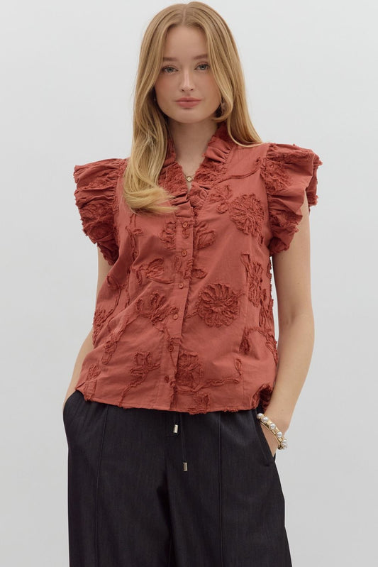 Solid cotton floral appliqué bubble flutter sleeve top