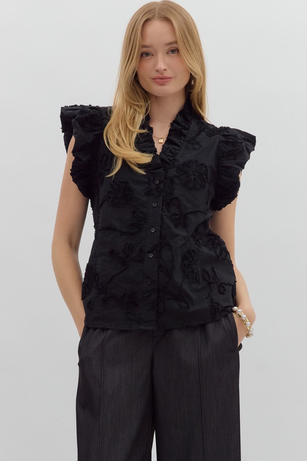 Solid cotton floral appliqué bubble flutter sleeve top