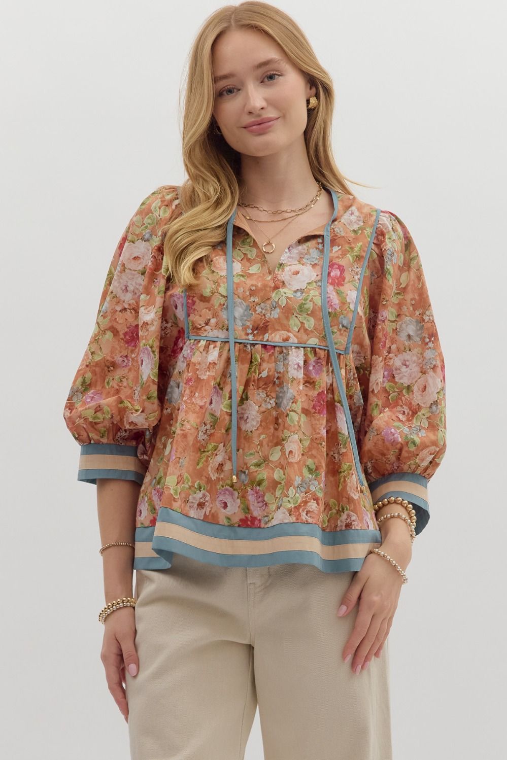 Vintage floral pattern ¾ sleeve empire waist loose top