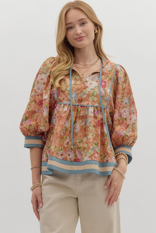 Vintage floral pattern ¾ sleeve empire waist loose top