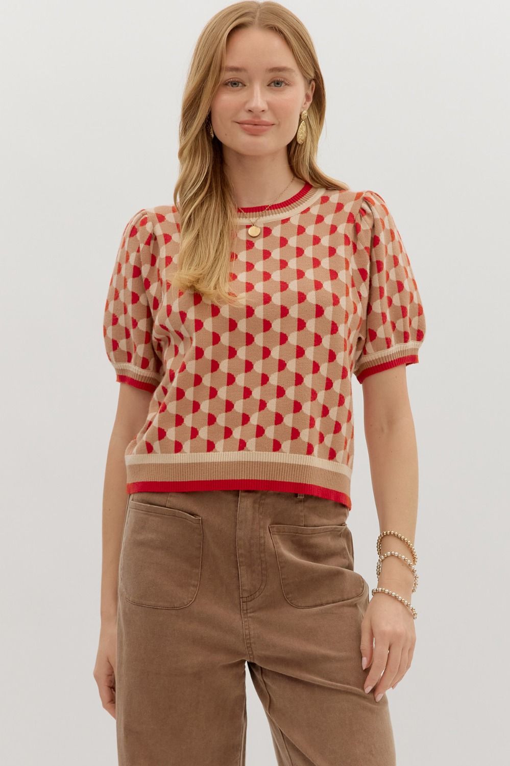 Abstract pattern short puff sleeve sweater knit top