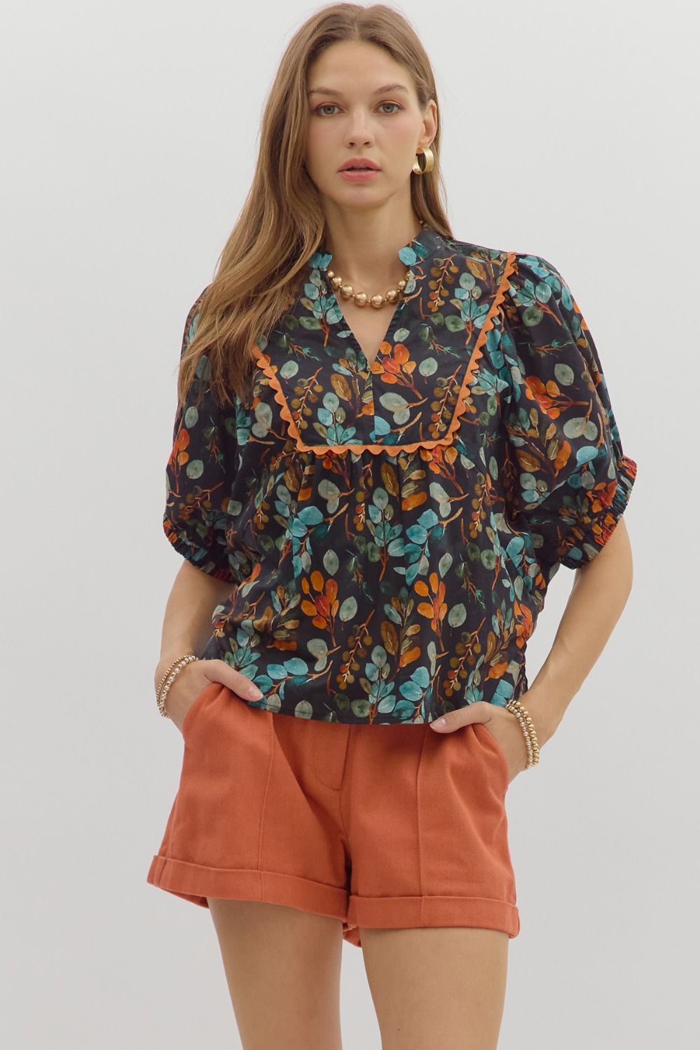Botanical print V-neck band collar dolman sleeve top