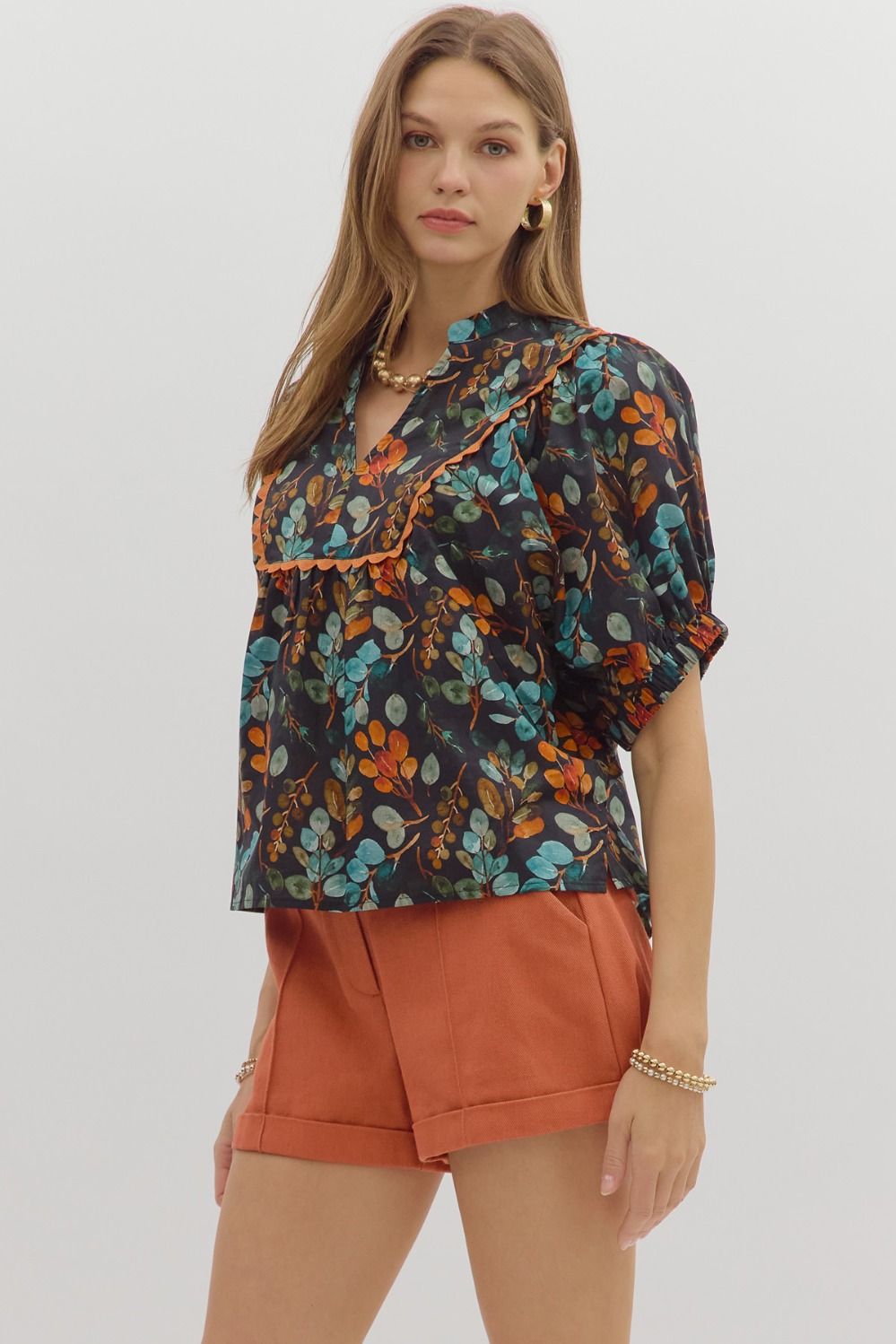 Botanical print V-neck band collar dolman sleeve top