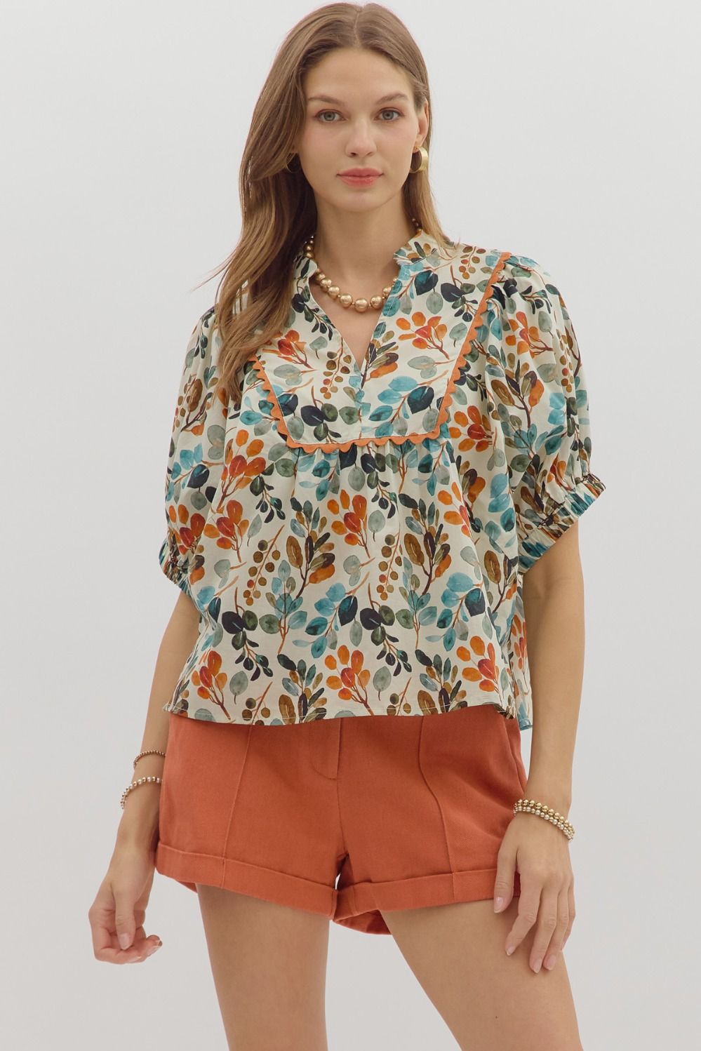 Botanical print V-neck band collar dolman sleeve top