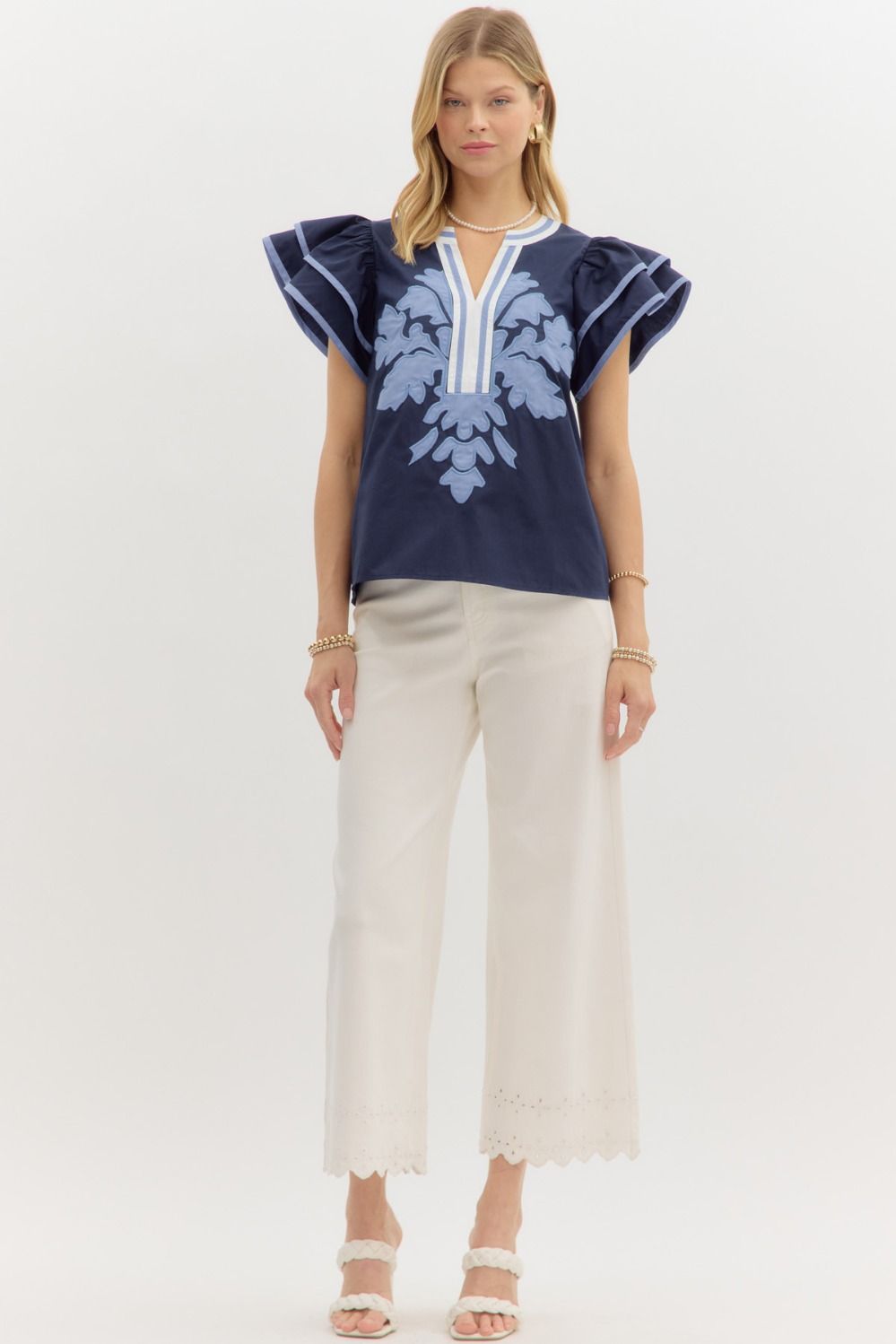 Solid flutter sleeve mutlicolor accent V-neck top