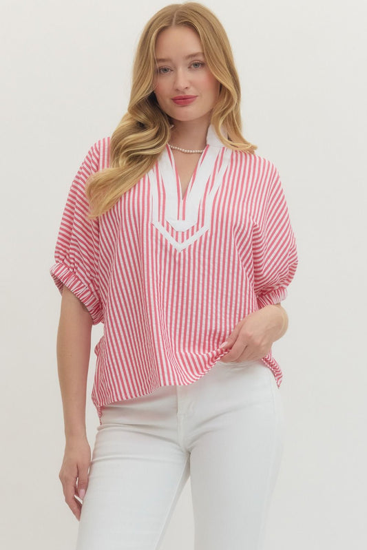 Striped short dolman sleeve top