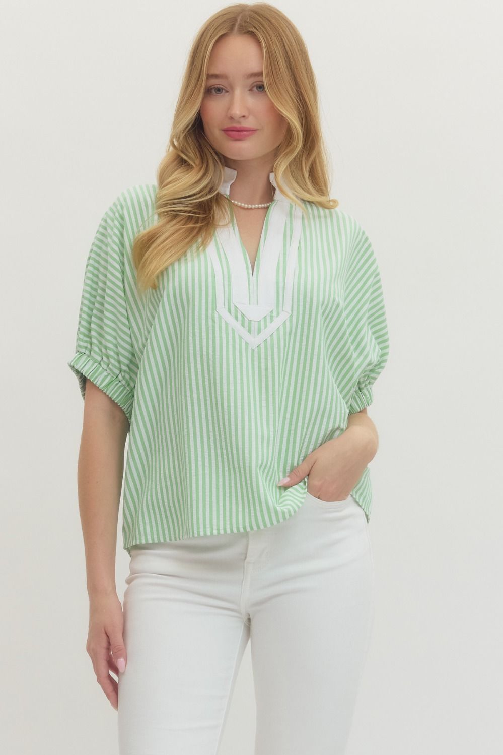 Striped short dolman sleeve top