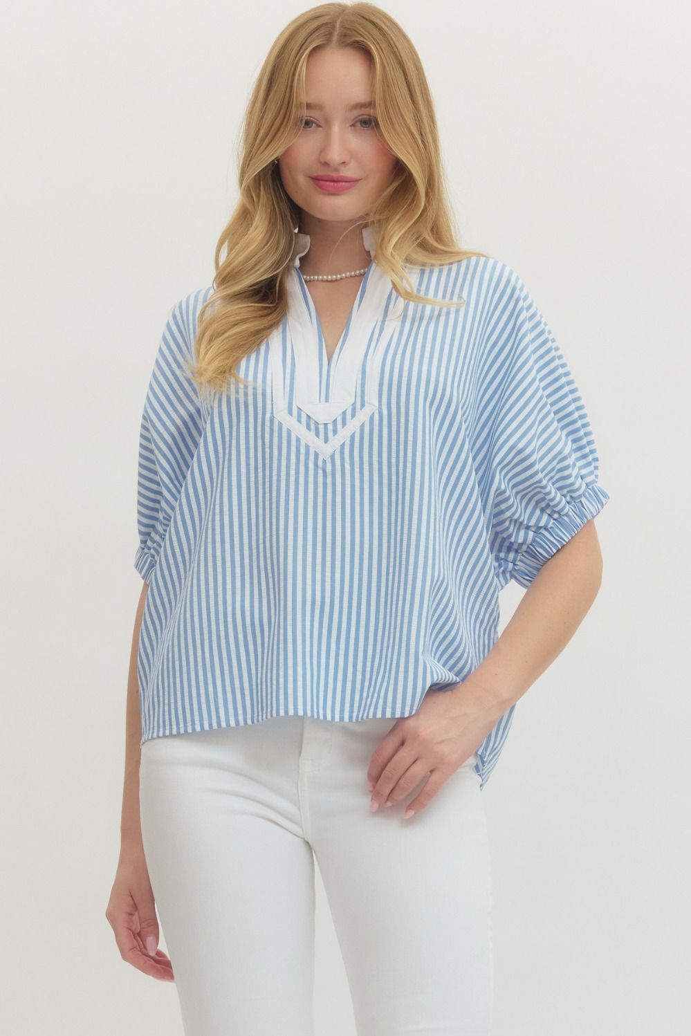 Striped short dolman sleeve top