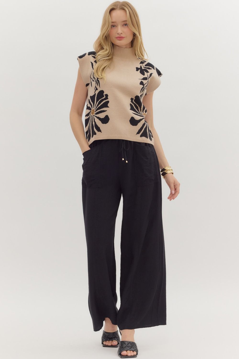 Floral pattern high neck muscle sweater knit pullover top