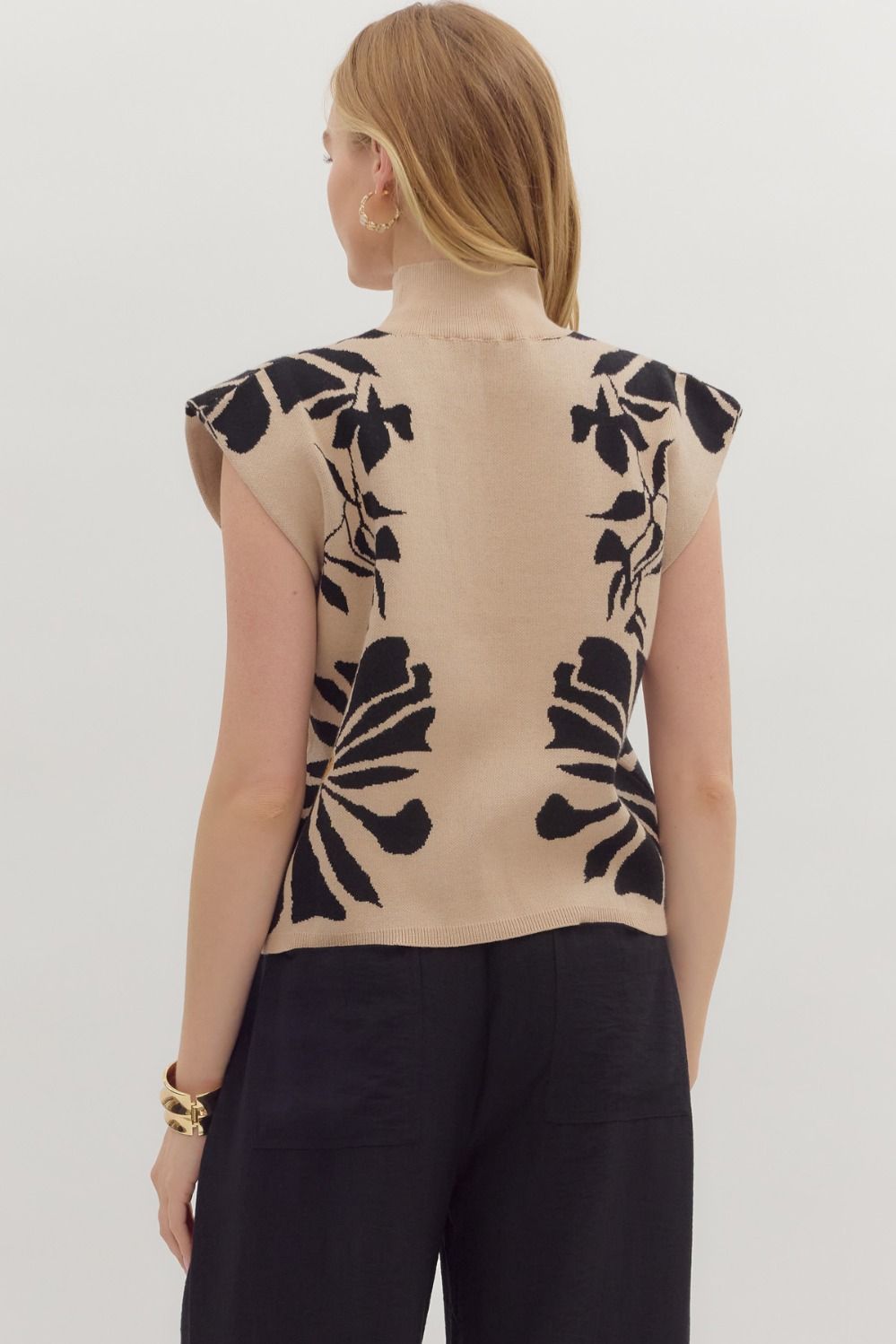 Floral pattern high neck muscle sweater knit pullover top