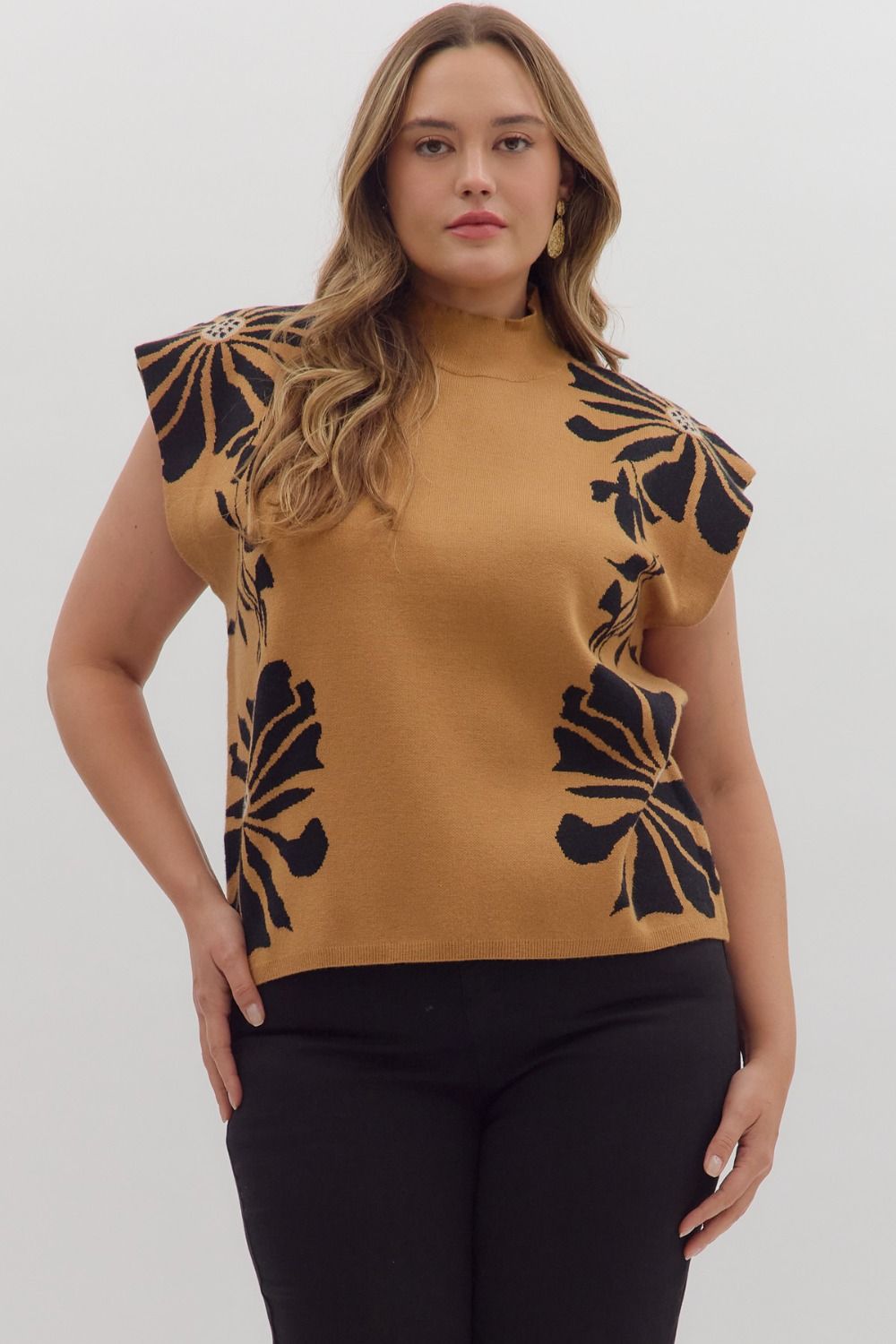 Floral pattern high neck muscle sweater knit pullover top