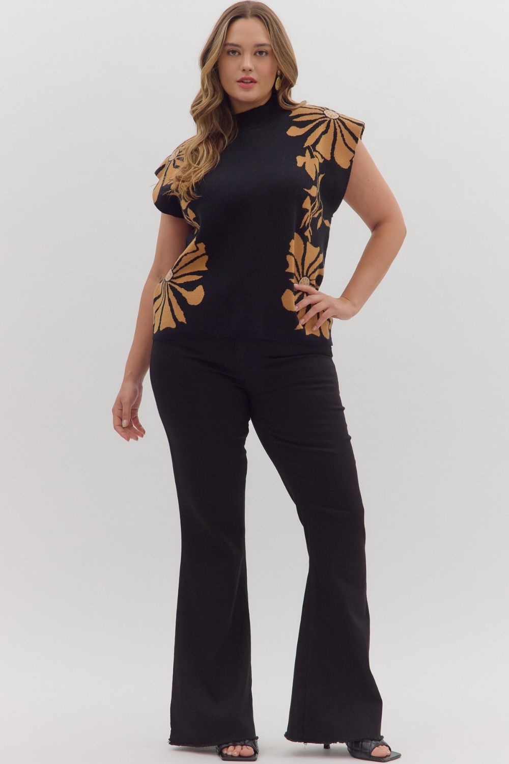 Floral pattern high neck muscle sweater knit pullover top