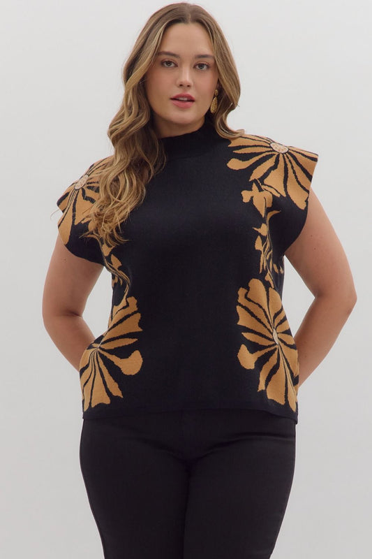 Floral pattern high neck muscle sweater knit pullover top