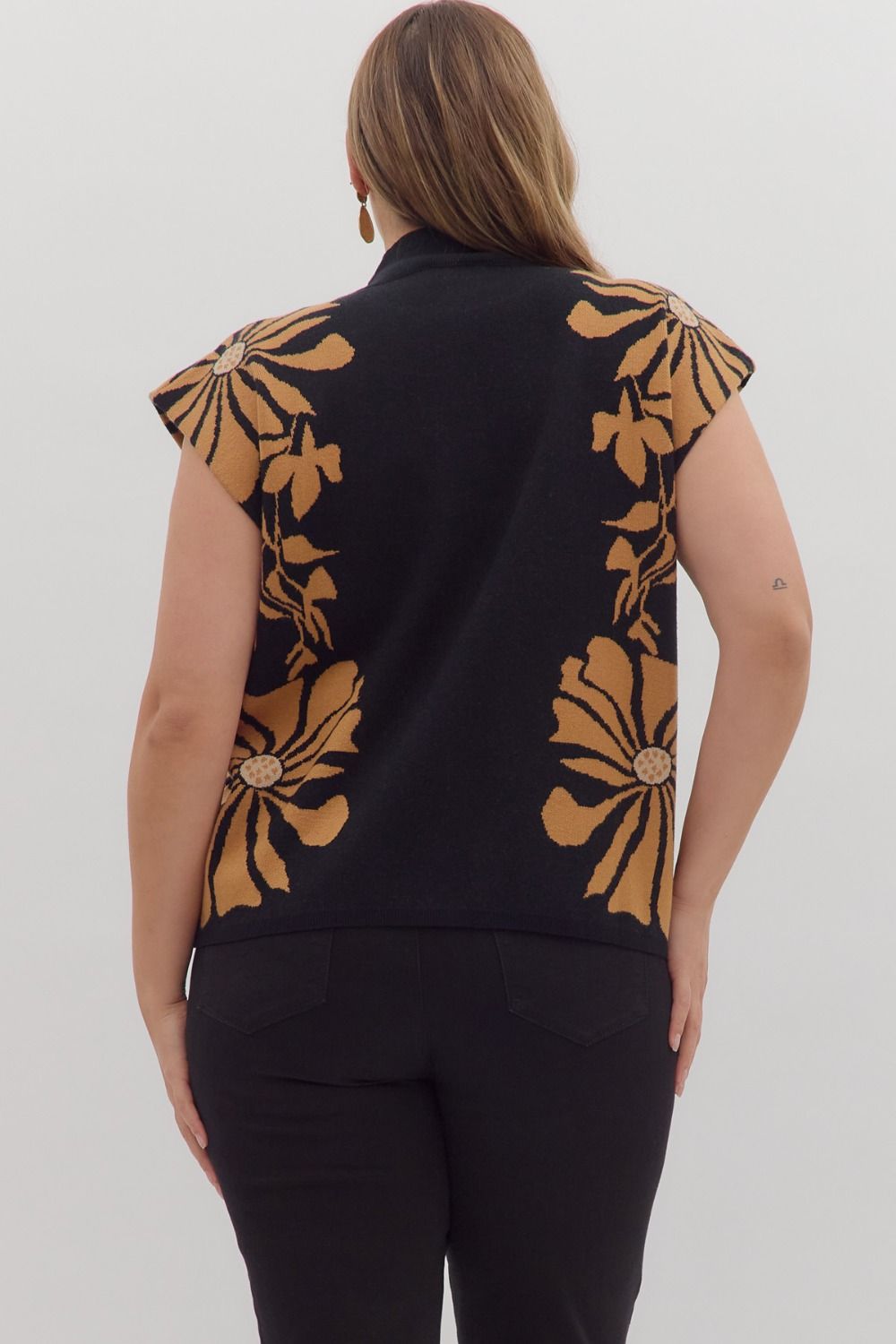 Floral pattern high neck muscle sweater knit pullover top