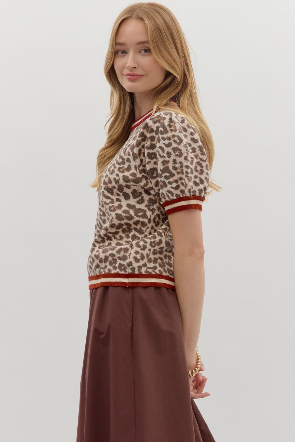 Leopard pattern short puff sleeve featuring multicolor accent band