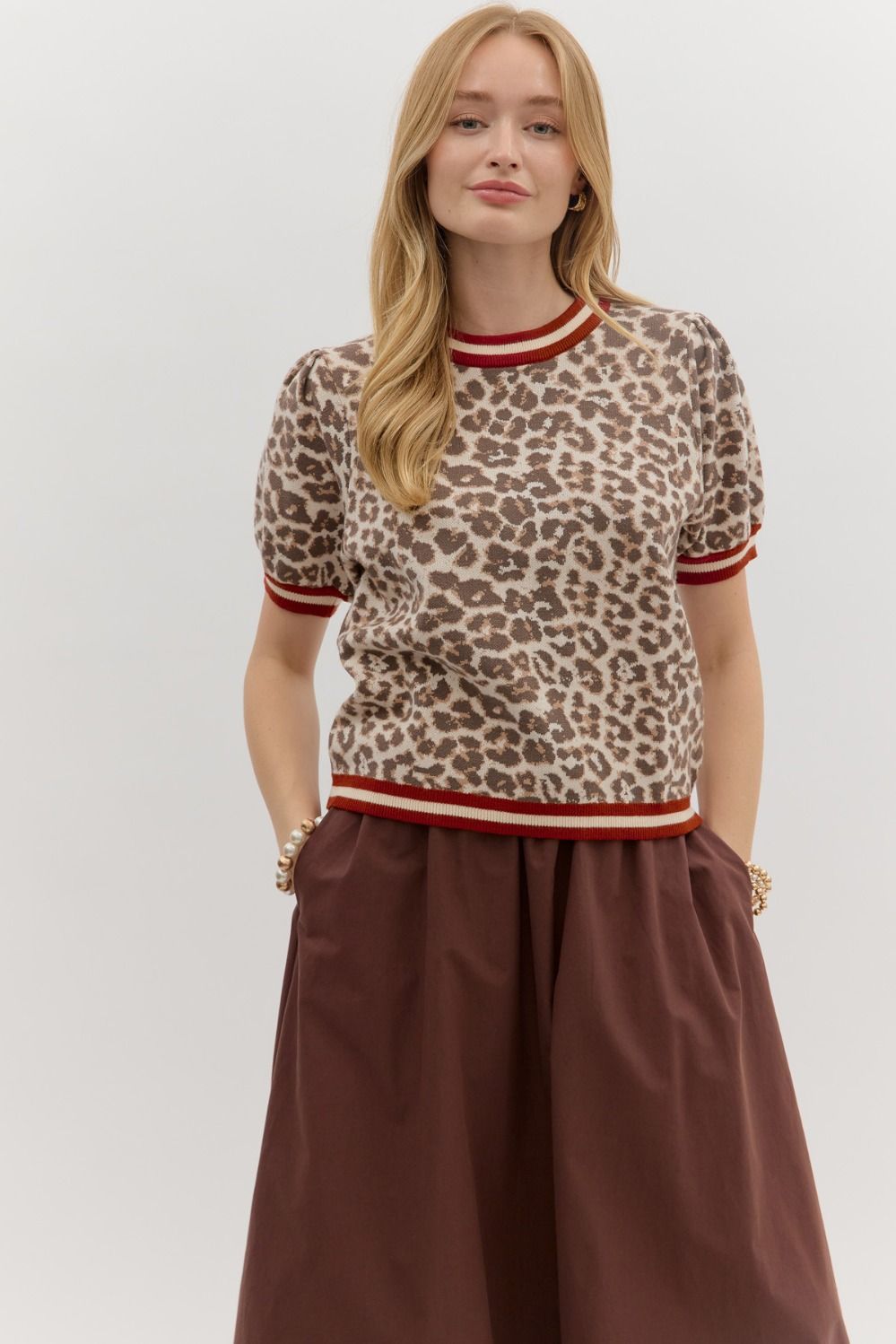 Leopard pattern short puff sleeve featuring multicolor accent band