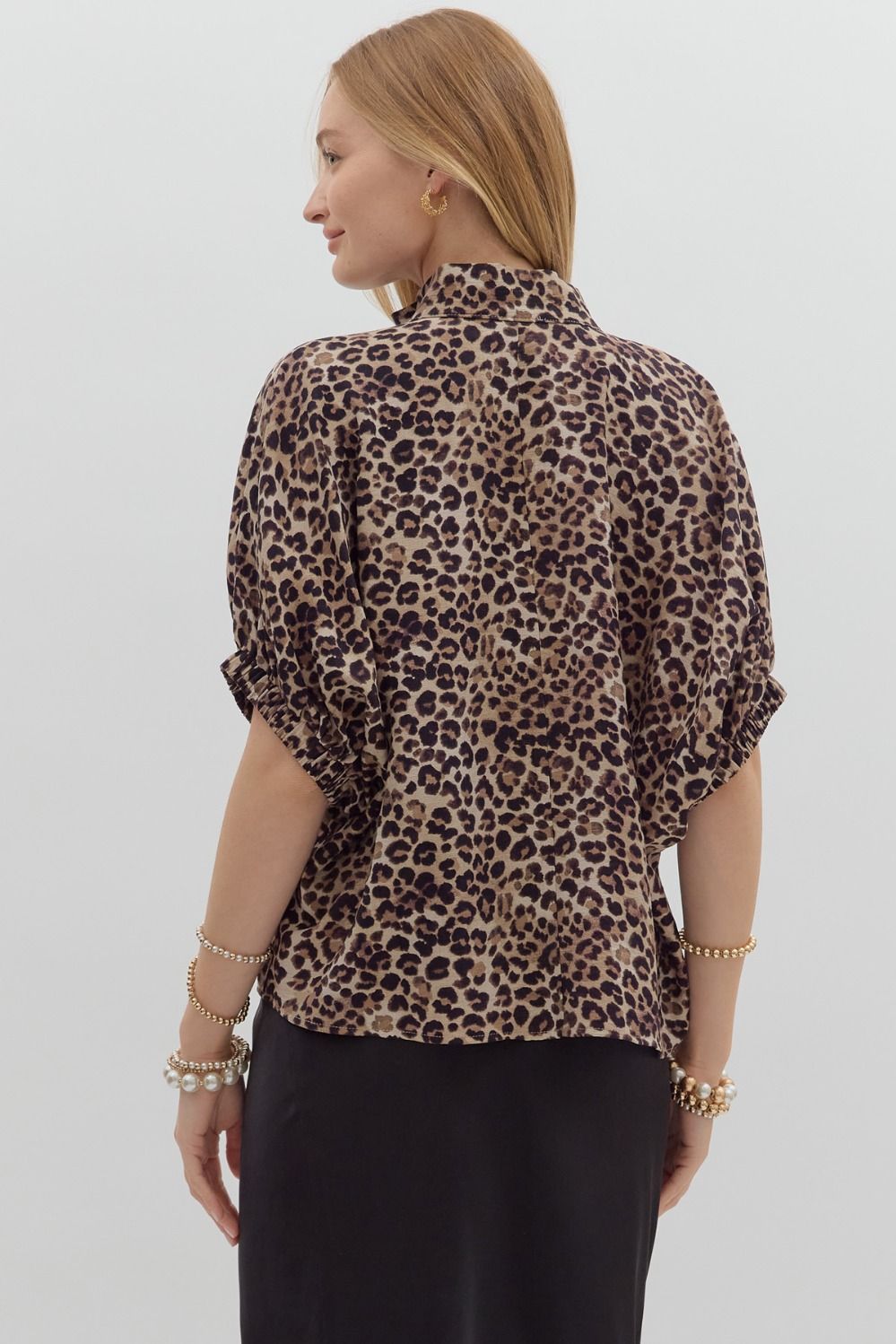 Leopard print high neck elasticated sleeve band dolman top