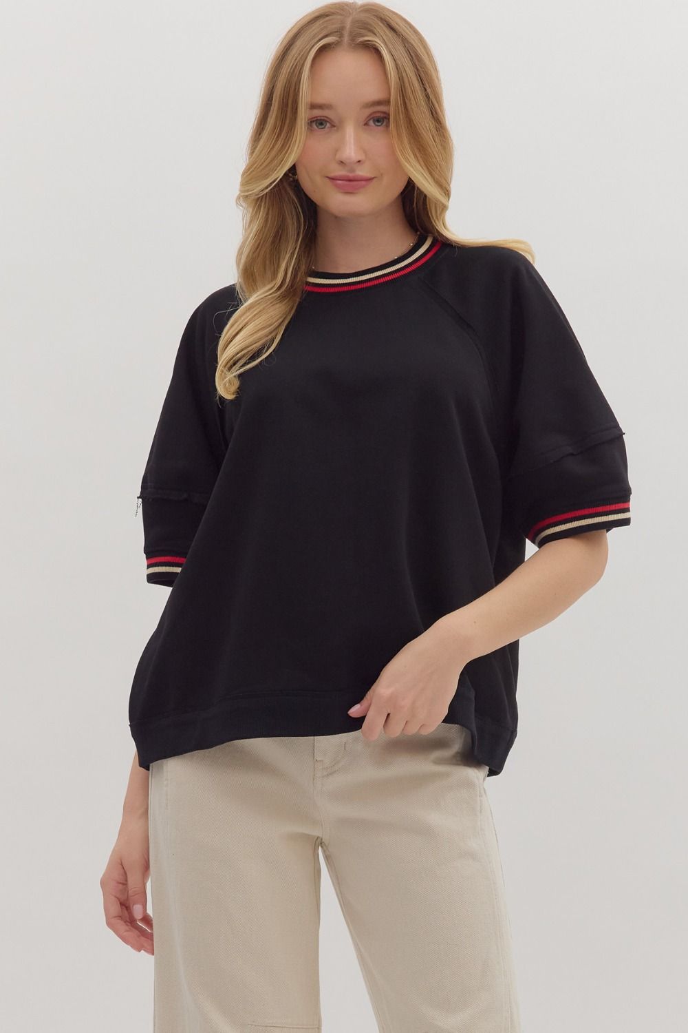 Solid elbow-length raglan sleeve pullover knit top