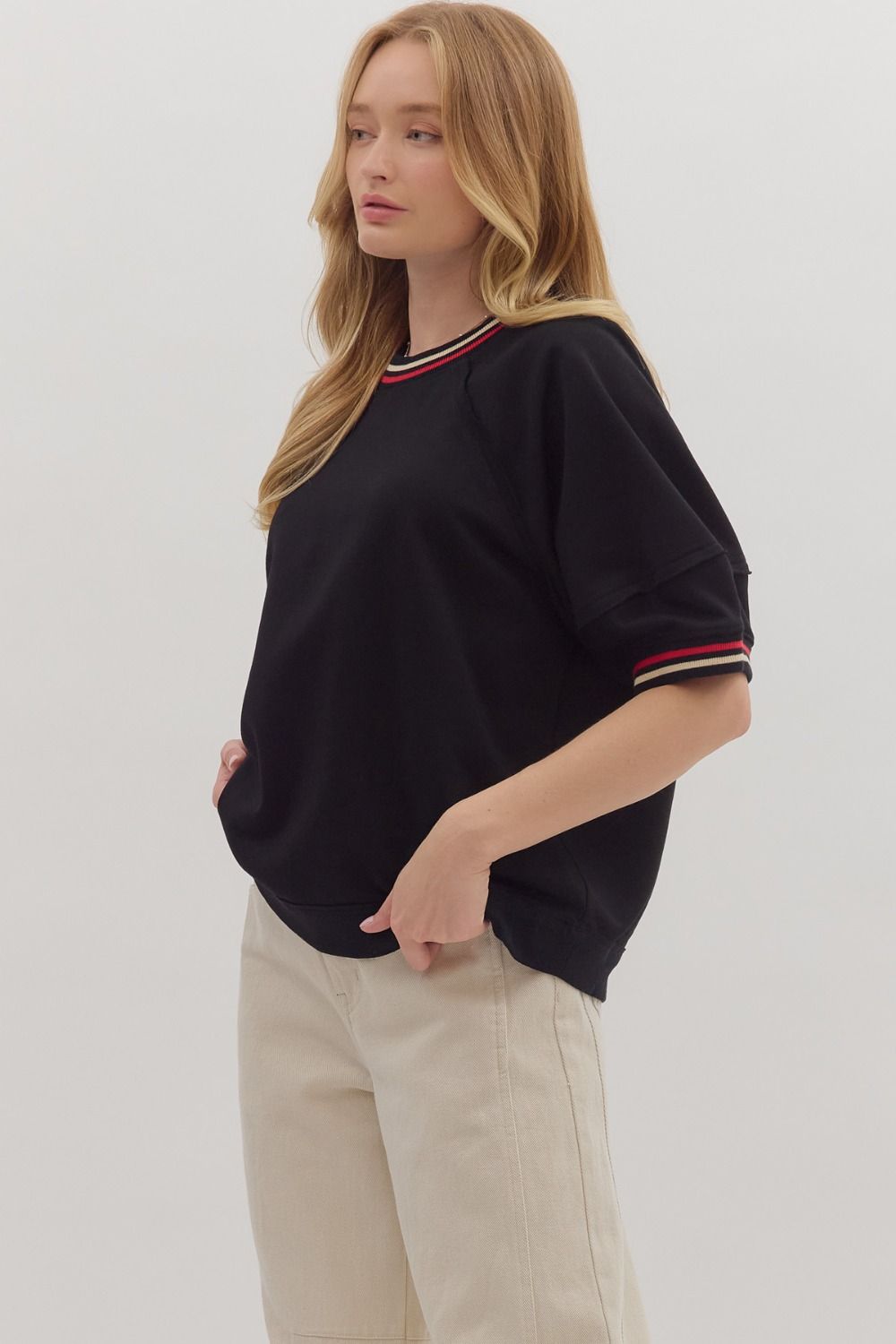 Solid elbow-length raglan sleeve pullover knit top