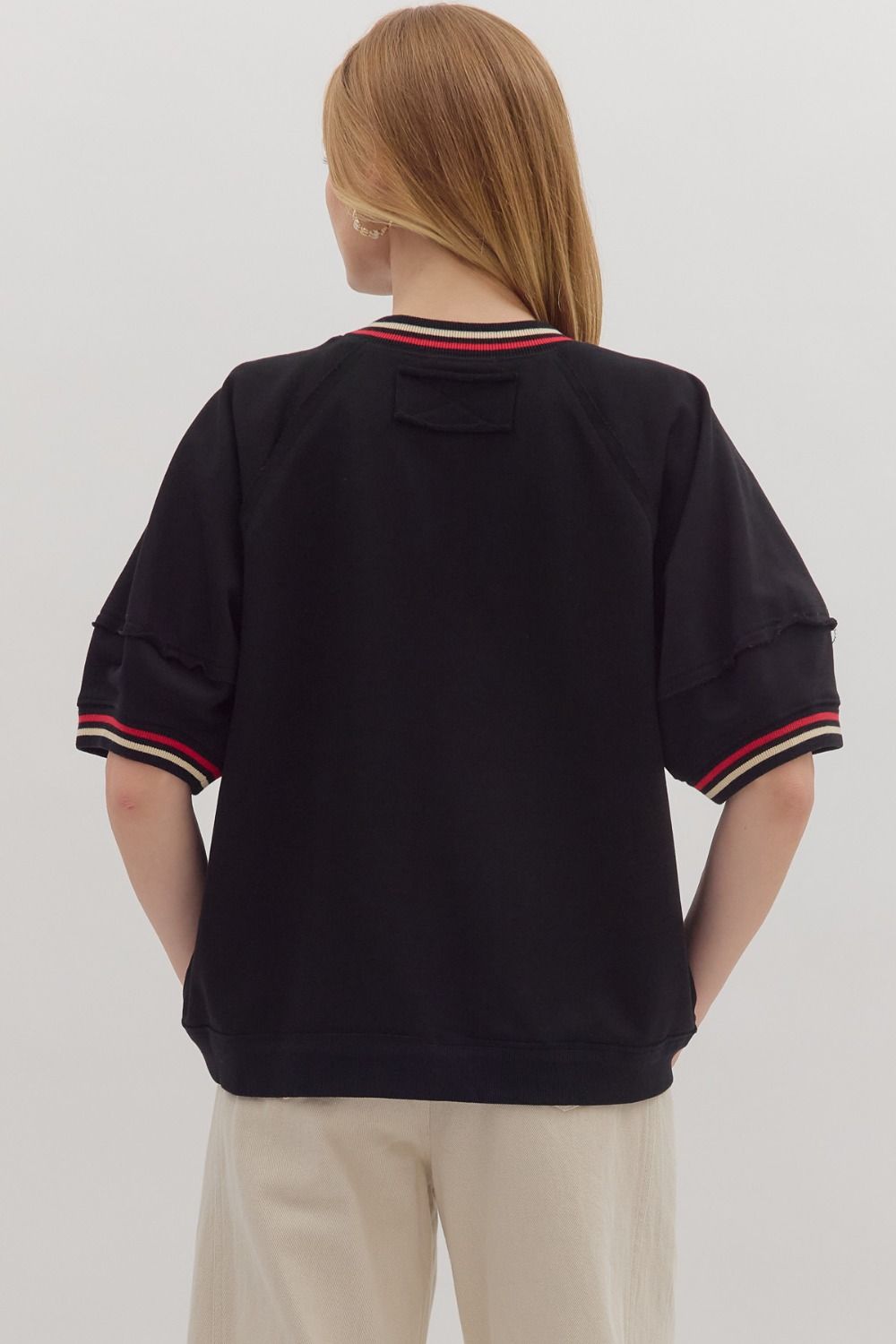 Solid elbow-length raglan sleeve pullover knit top