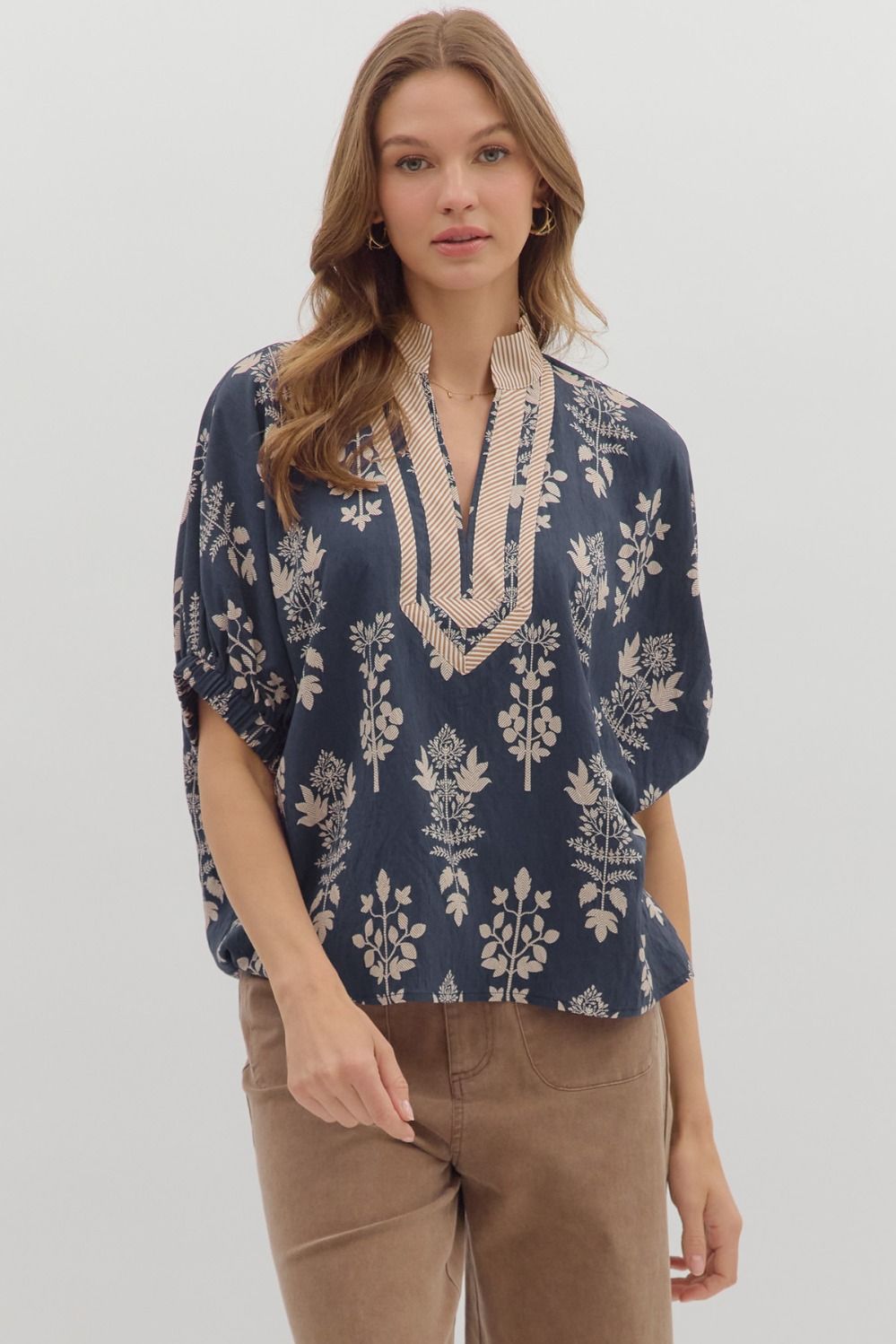 Abstract botanical print short dolman sleeve top