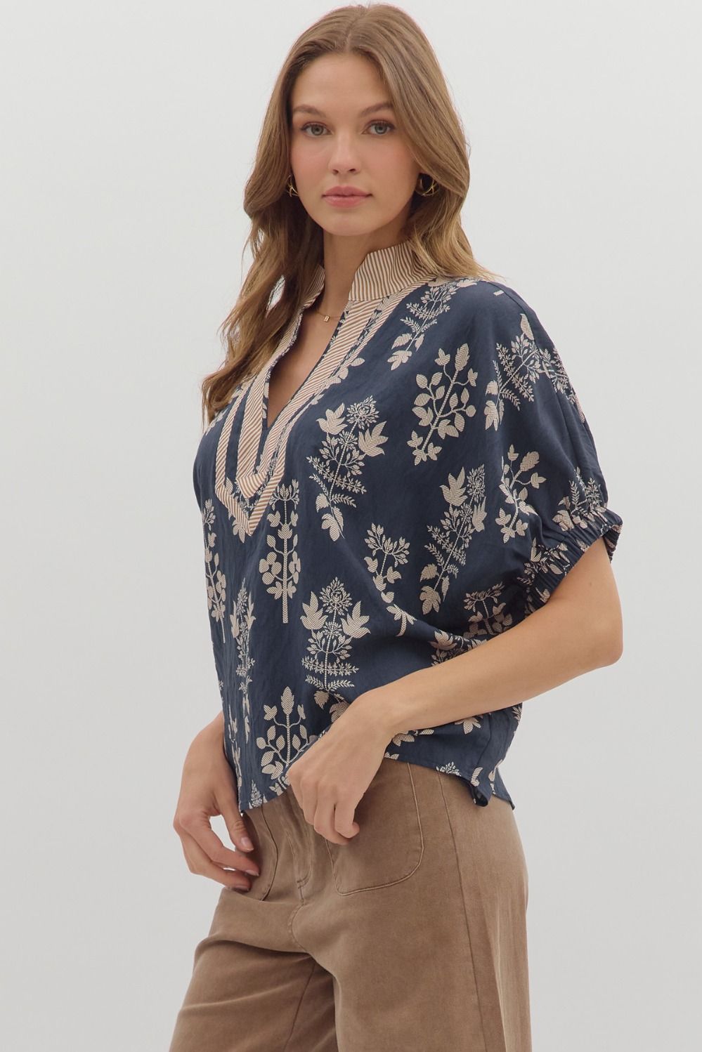 Abstract botanical print short dolman sleeve top