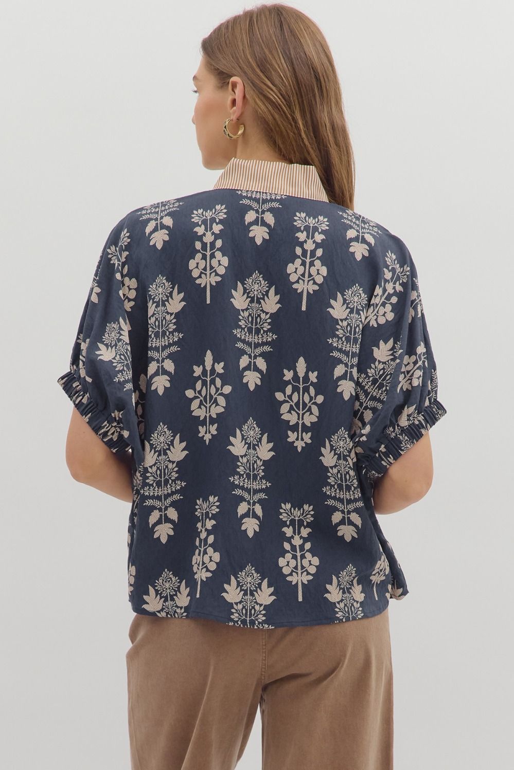 Abstract botanical print short dolman sleeve top
