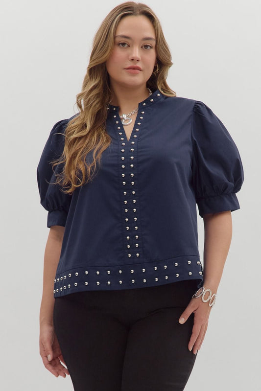 Solid cuff band short puff sleeve pullover top featuring stud accent detail