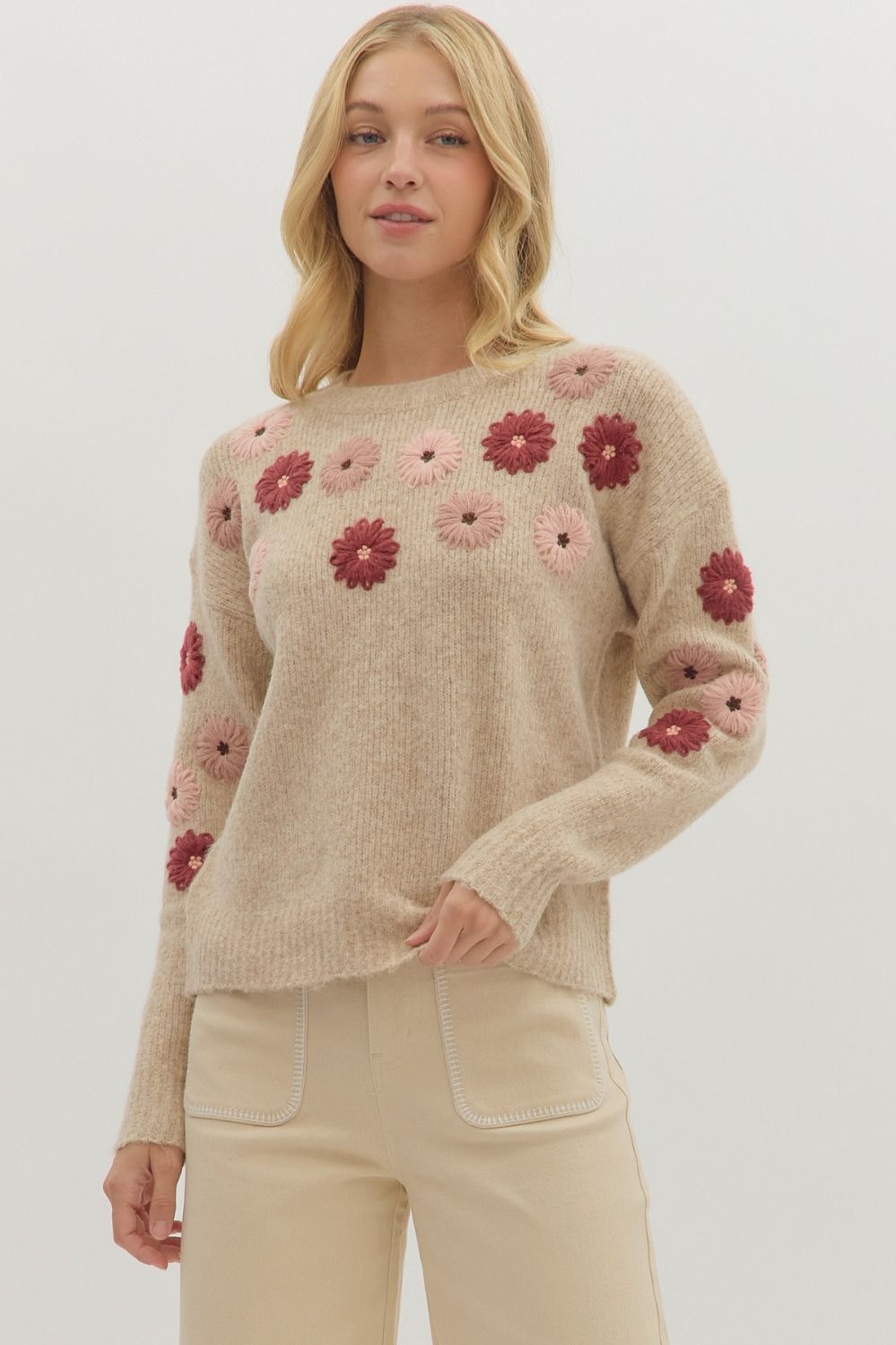 Floral embroidered long sleeve sweater