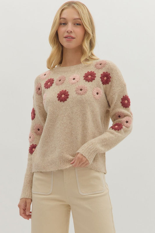 Floral embroidered long sleeve sweater