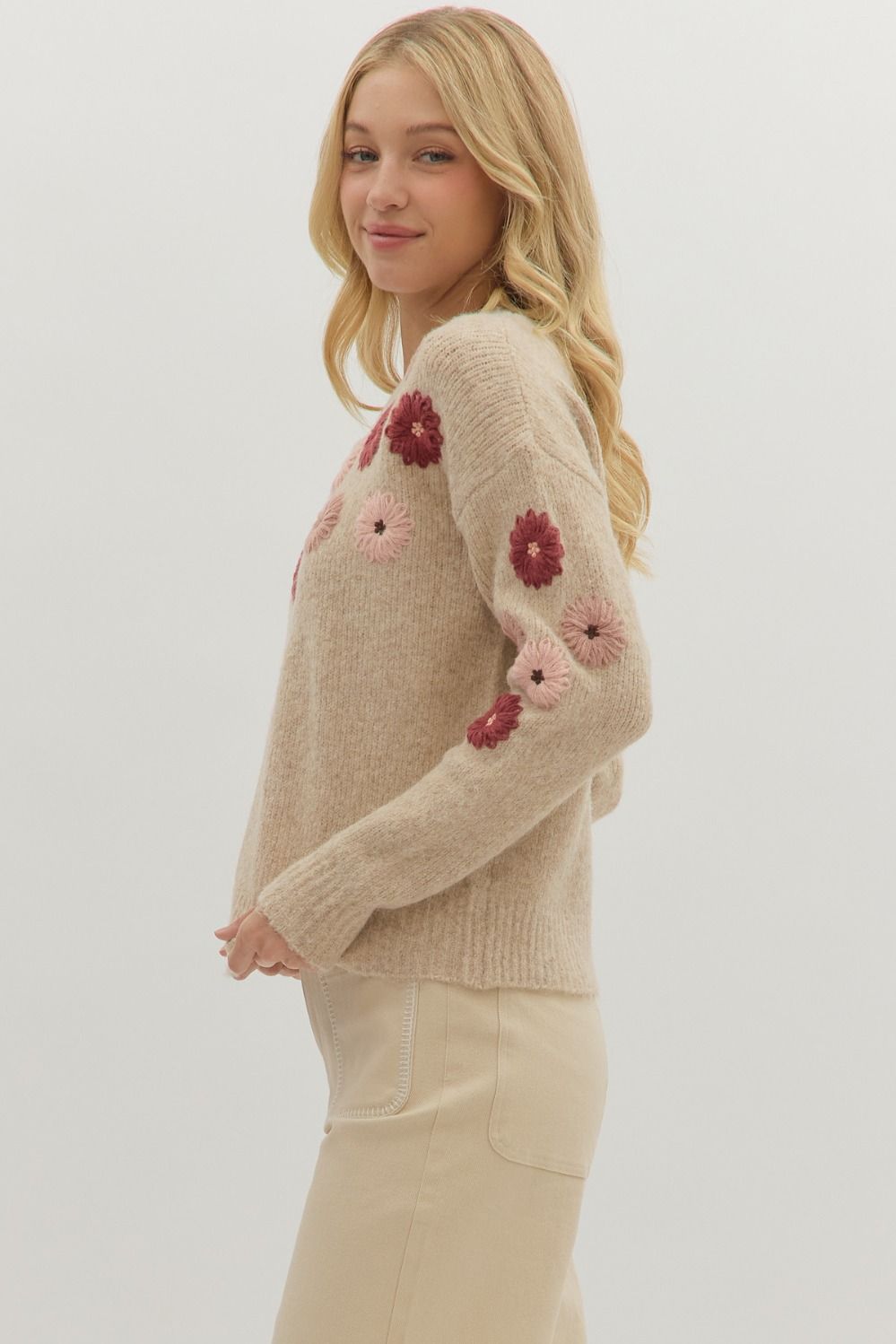 Floral embroidered long sleeve sweater