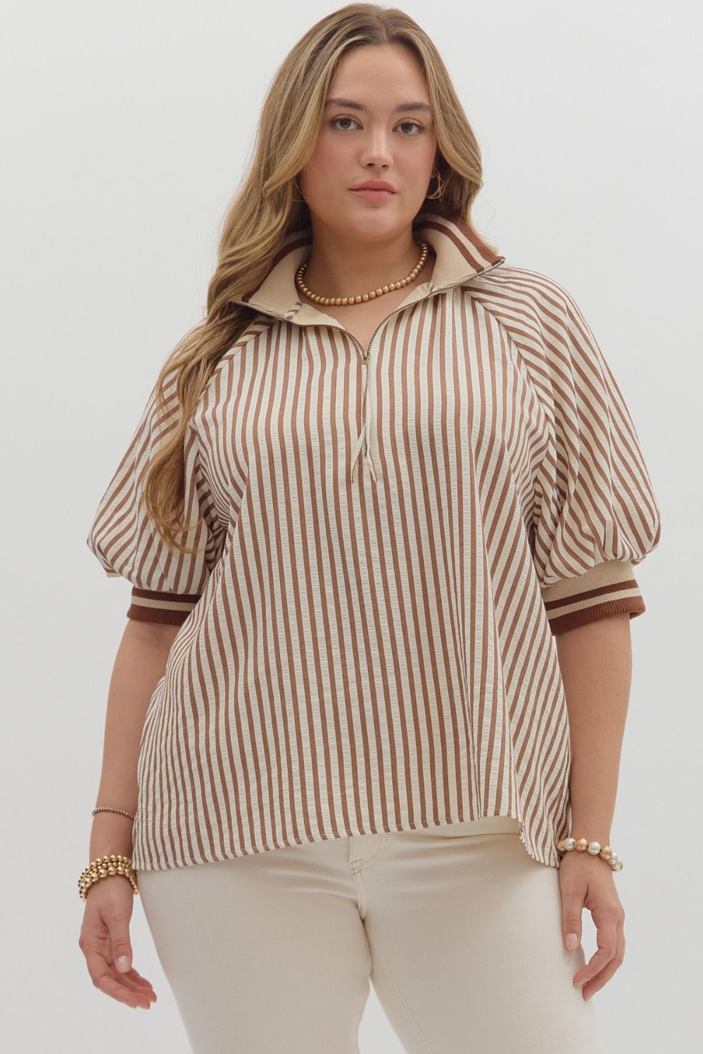 Stripe pattern half-zip closure short puff sleeve top