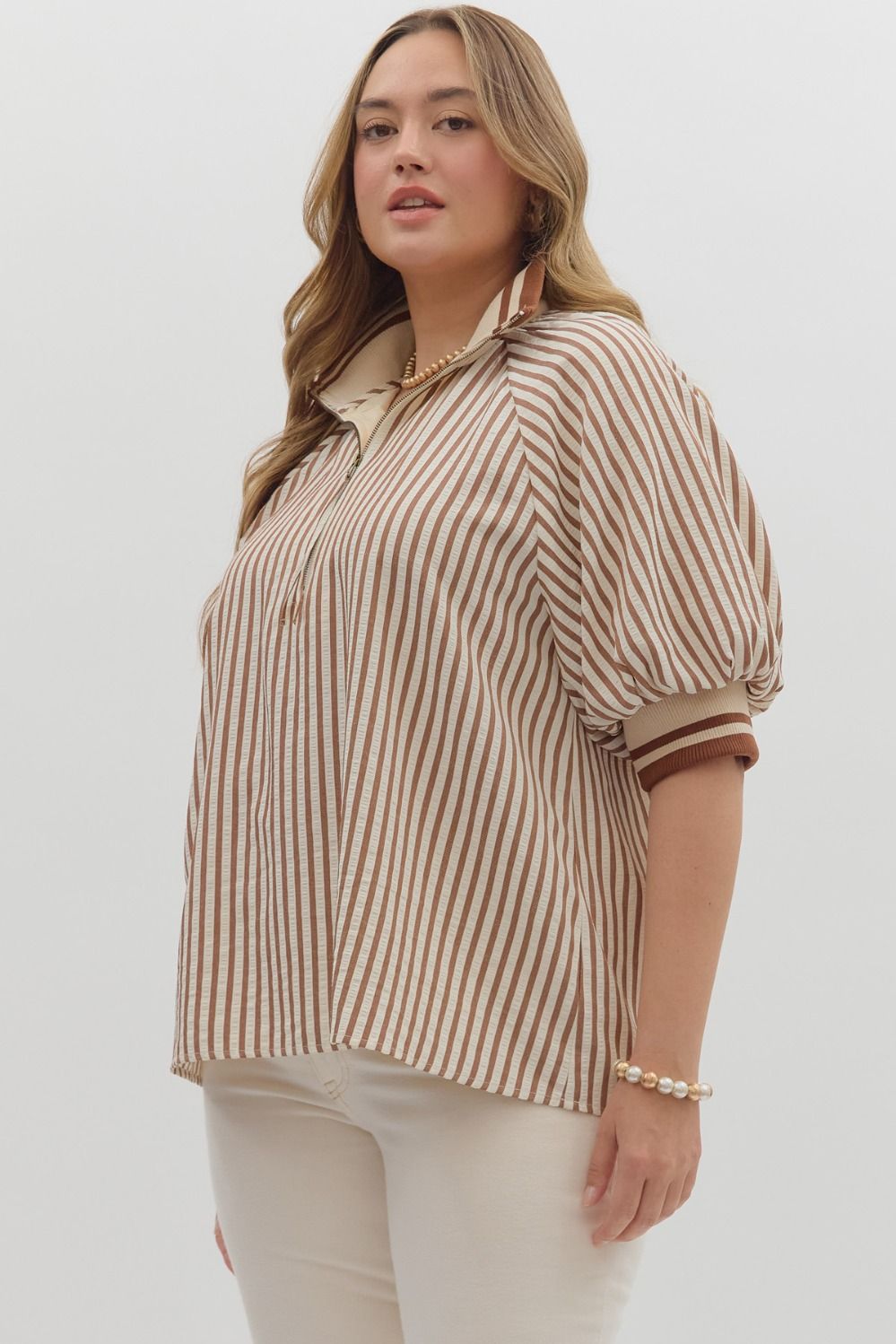 Stripe pattern half-zip closure short puff sleeve top