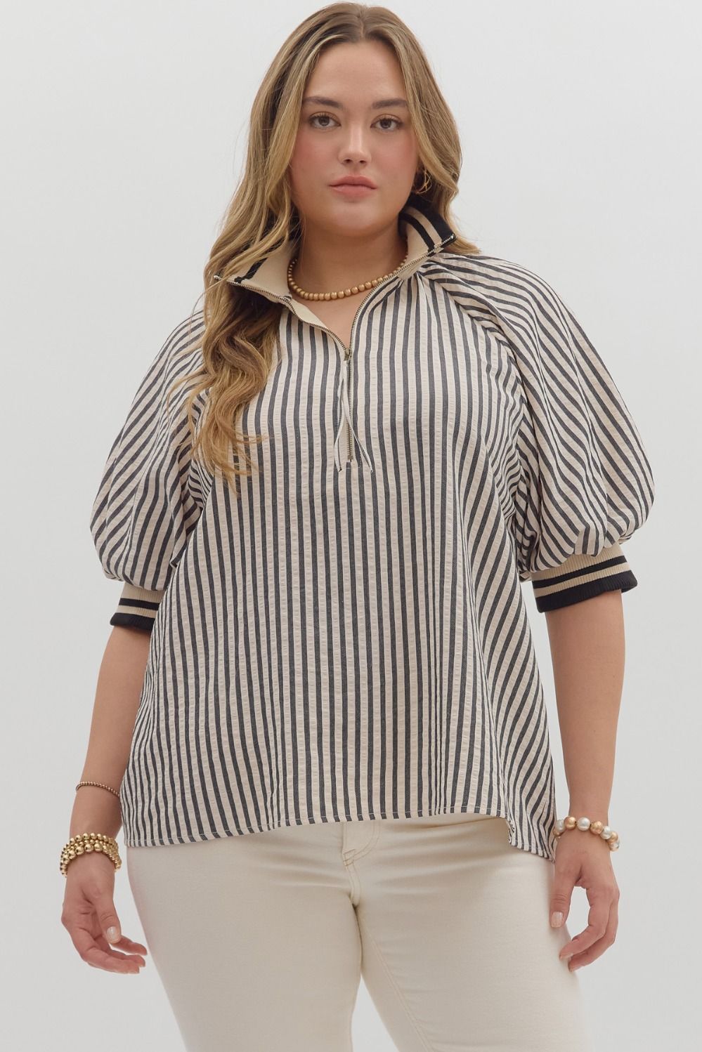 Stripe pattern half-zip closure short puff sleeve top