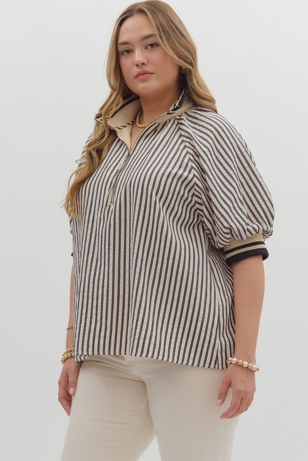 Stripe pattern half-zip closure short puff sleeve top