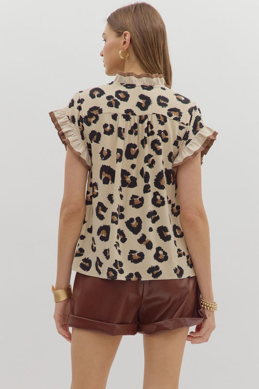 Leopard pattern button front top featuring multicolor accent