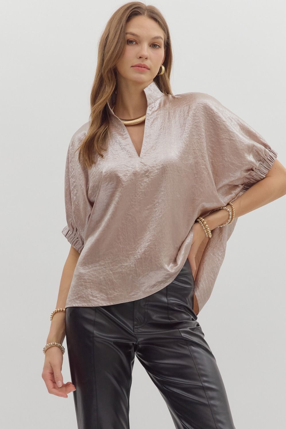 Metallic V-neck band collar short dolman sleeve top