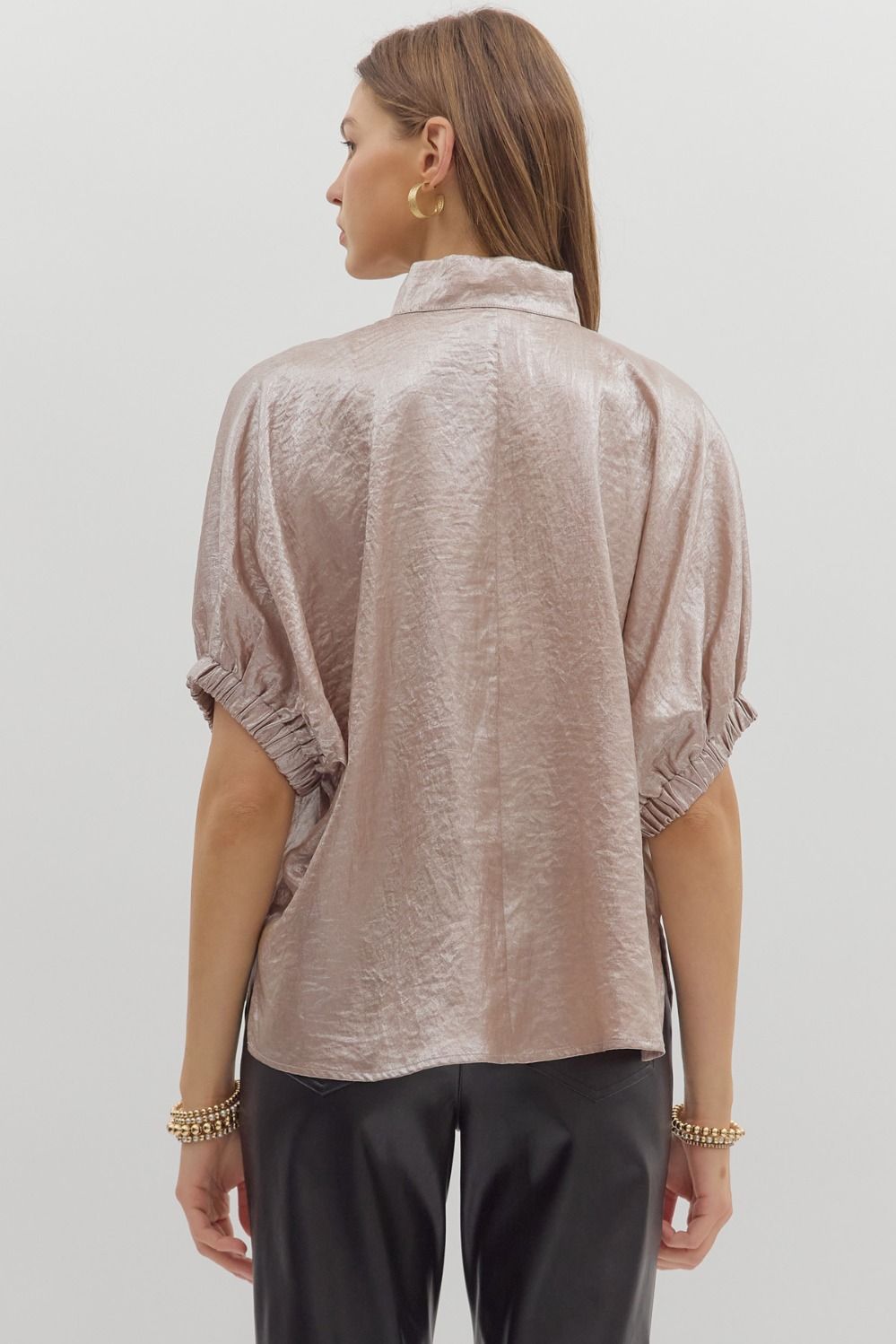 Metallic V-neck band collar short dolman sleeve top
