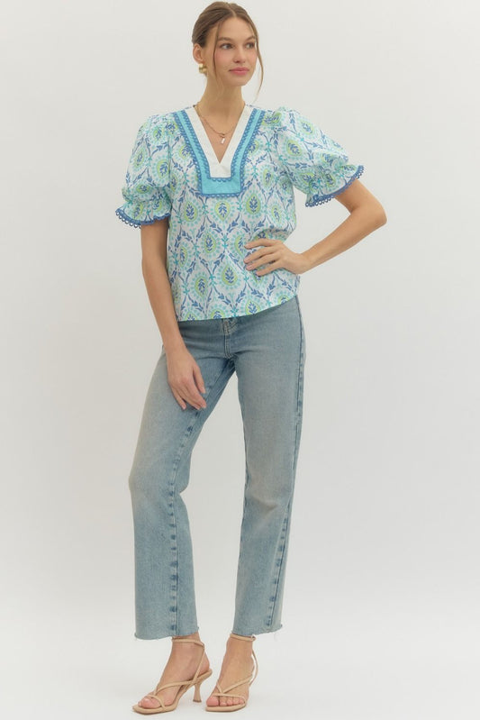 Botanical print puff sleeve top