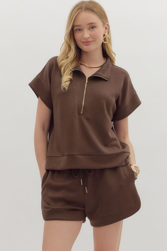 Solid zip-front high neck closure pullover top