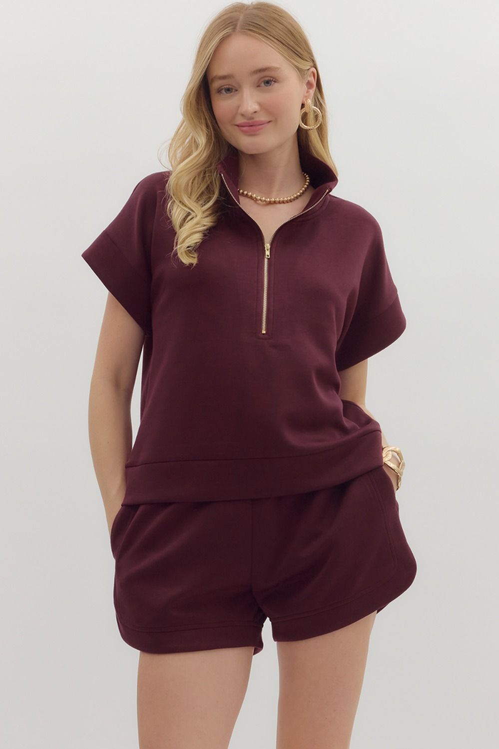 Solid zip-front high neck closure pullover top