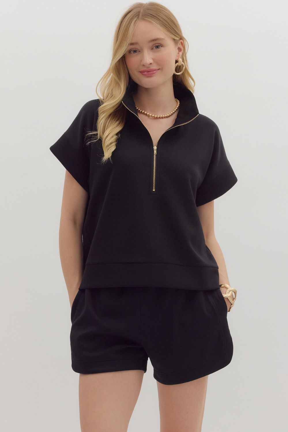 Solid zip-front high neck closure pullover top