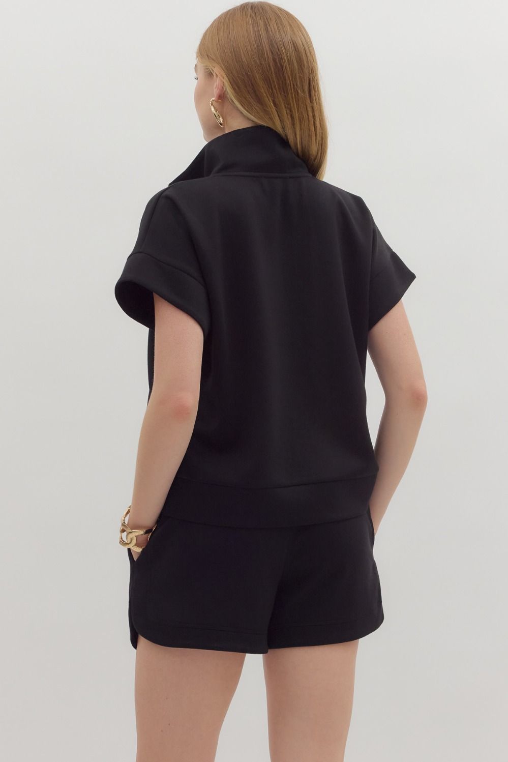 Solid zip-front high neck closure pullover top