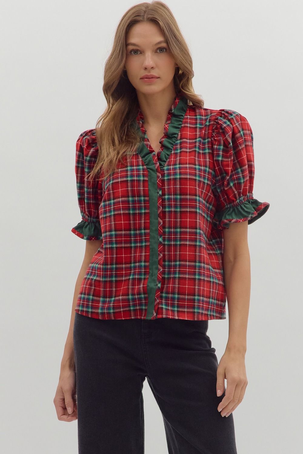 Plaid short puff sleeve top featuring contrast ruffle trim