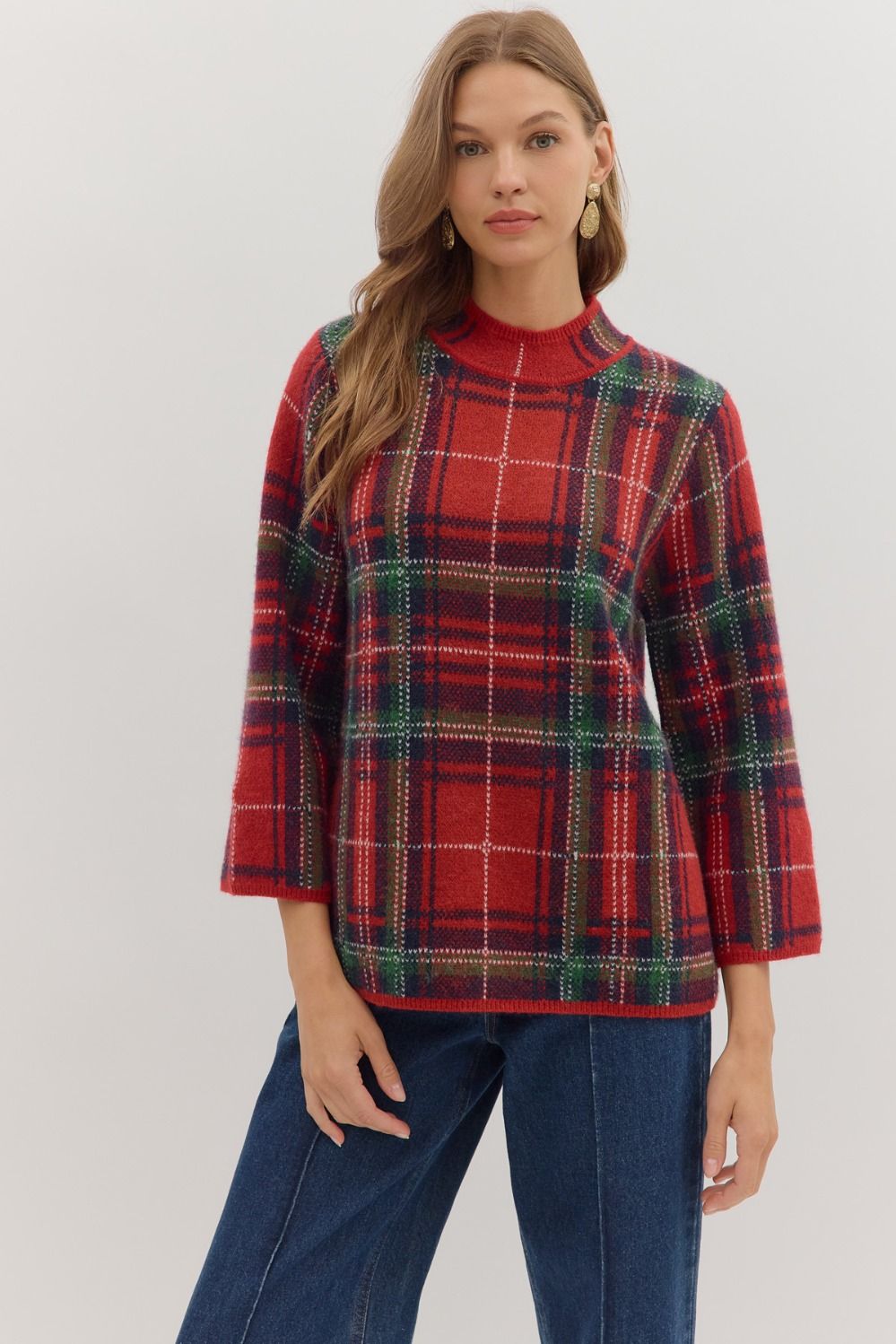 Plaid long sleeve mock neck sweater