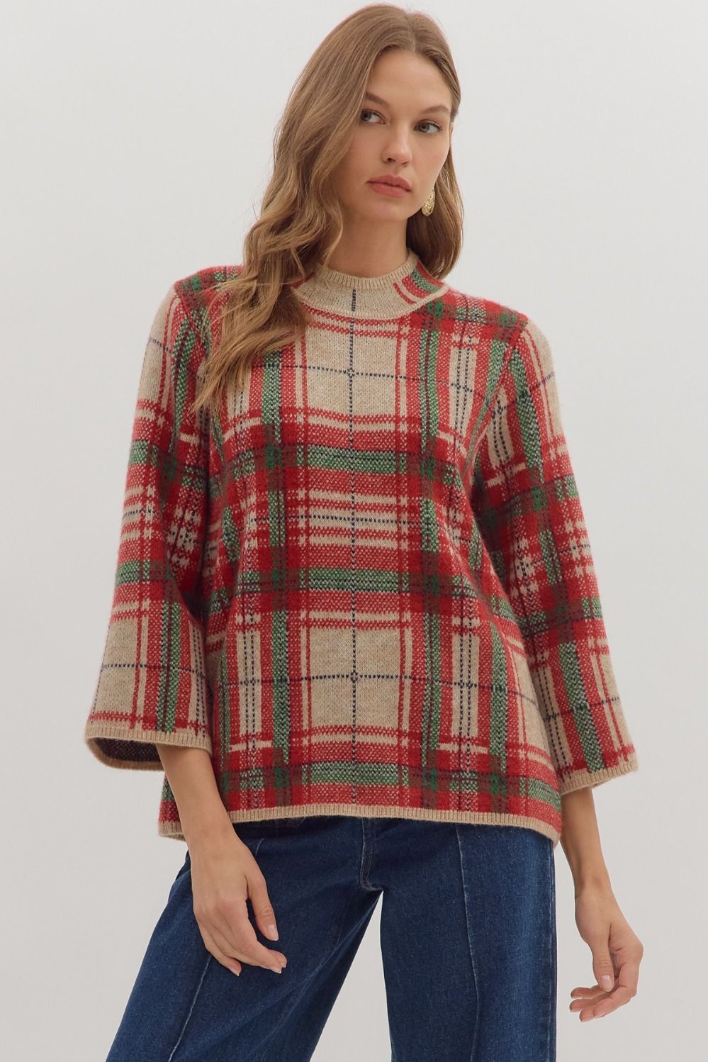 Plaid long sleeve mock neck sweater