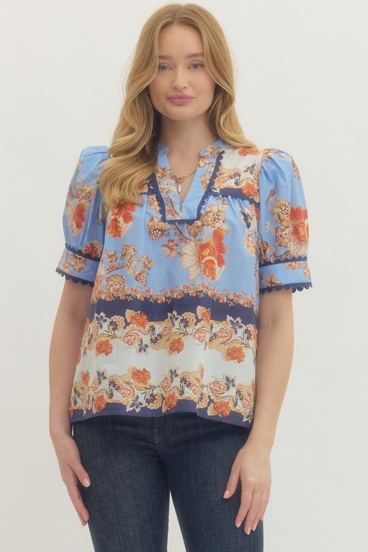 Floral print short puff sleeve top
