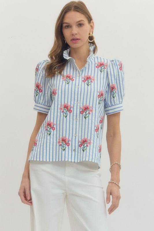 Striped short puff sleeve top featuring floral embroidery