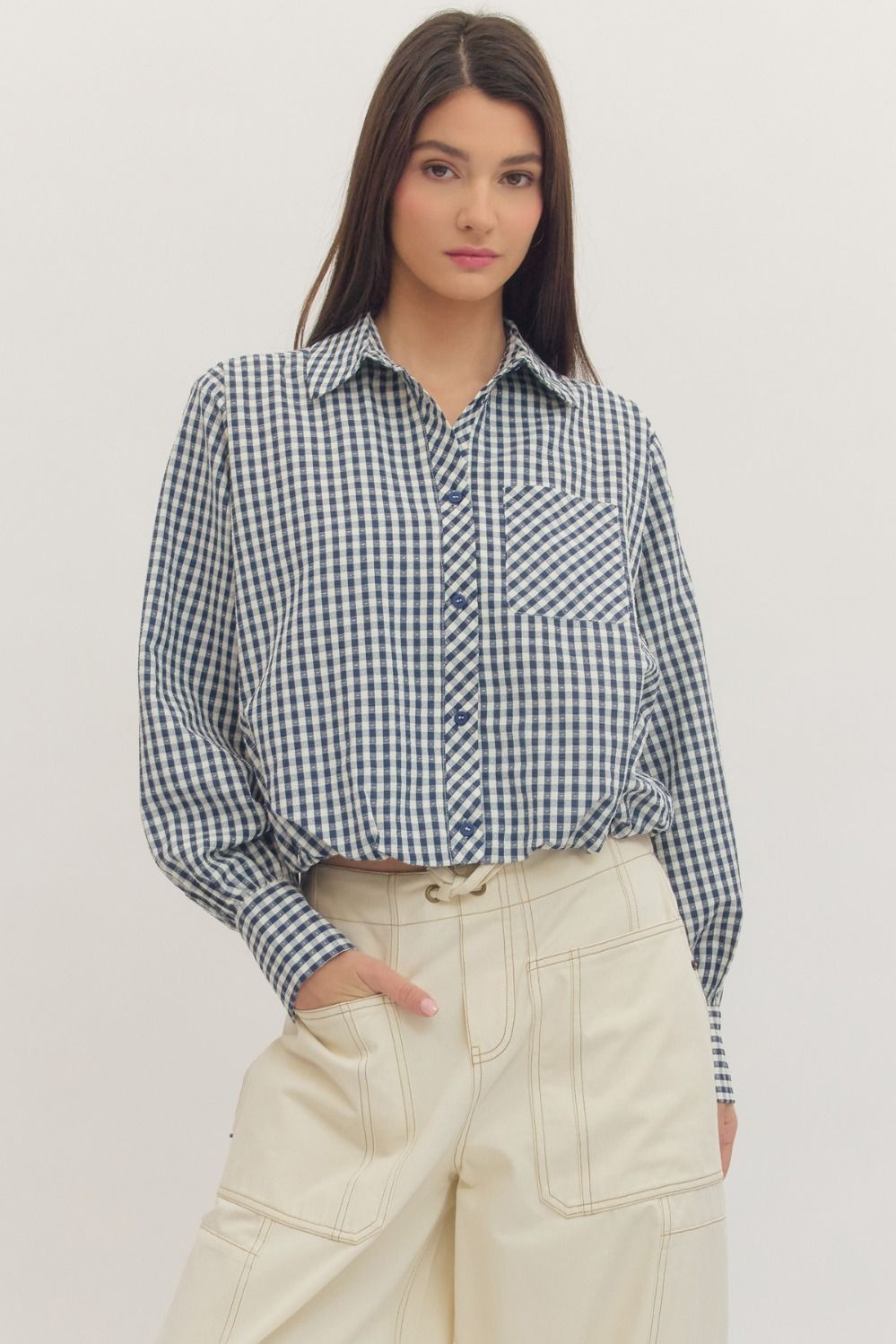 Gingham long sleeve button-down blouse (Copy)