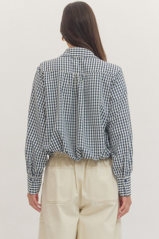 Gingham long sleeve button-down blouse